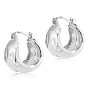 Sterling Silver Chunky Hoop Earrings for Women Hypoallergenic Silver Hammered